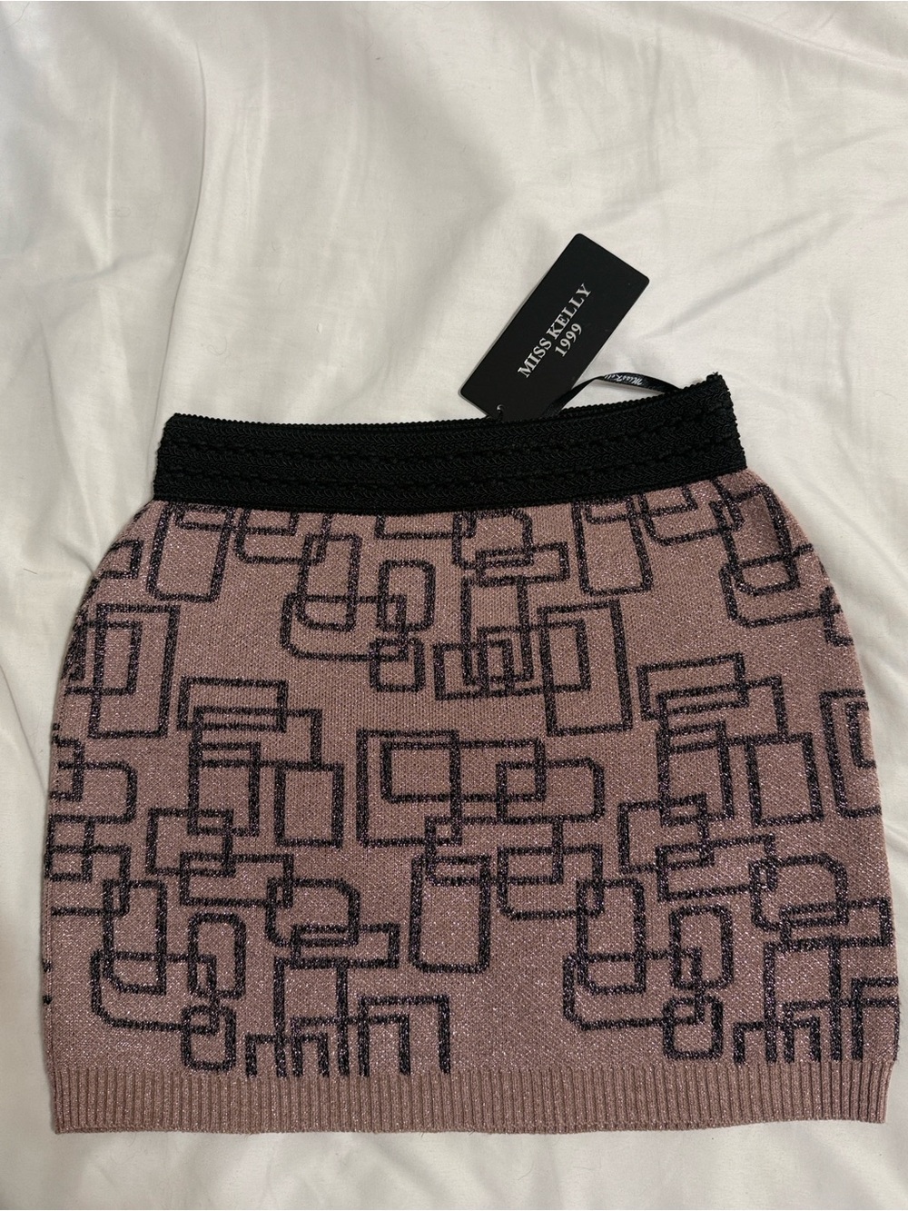 MISS KELLY 1999 brown &black Geometric Knit Mini Skirt with Black Waistband NWT